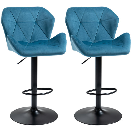 Bar Stools Set Of 2, Velvet-Touch Barstools with Metal Frame Footrest Round Base Triangle Indenting Moulded Seat Adjustable Height Swivel Blue