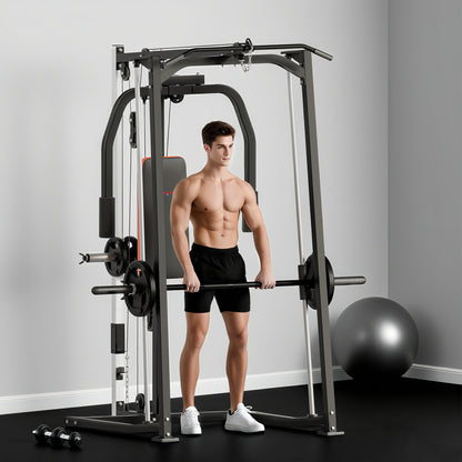3-in-1 Smith Machine with Dual Cable Pulley System, Chest Press Station, 17-Level Squat Rack and Barbell Bar