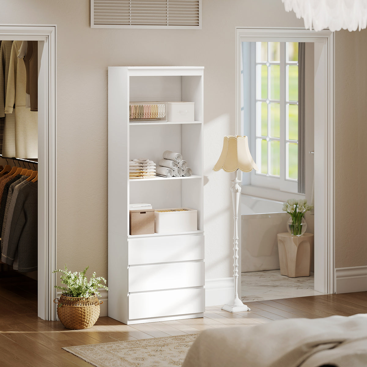 180cm Tall Bookcase, with Shelves and Drawers - White