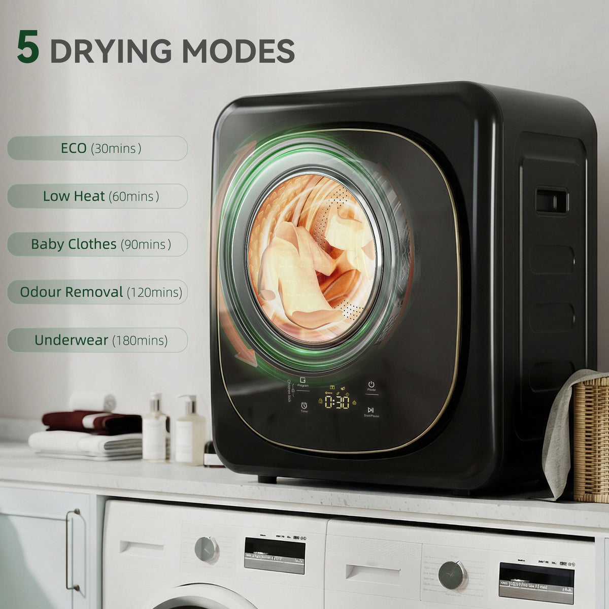 4kg Vented Tumble Dryer with 5 Drying Mode, 800W Compact Freestanding Front Tumble Dryer