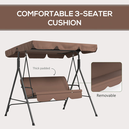 3 Seater Garden Swing Chair, Outdoor Swing Chair with Adjustable Canopy, Mental Frame & Cushions, Brown