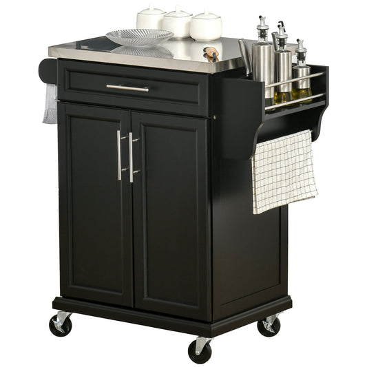 Wooden Kitchen Island on Wheels, Serving Cart Storage Trolley with Stainless Steel Top, Drawer, Side Handle and Rack