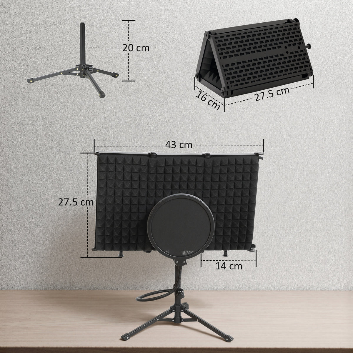 Studio Microphone Isolation Shield with Pop Filter and Tripod Stand, Foldable Adjustable Recording Studio Equipment, 3-Panel High Density Absorbent Foam Shield with 3/8" Threaded Mount, Black