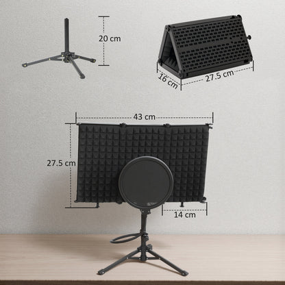 Studio Microphone Isolation Shield with Pop Filter and Tripod Stand, Foldable Adjustable Recording Studio Equipment, 3-Panel High Density Absorbent Foam Shield with 3/8" Threaded Mount, Black