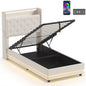 3ft Single Bed Frame with Headboard, Platform Bed Frame with Hydraulic Storage, LED Lights and Charging Station, White