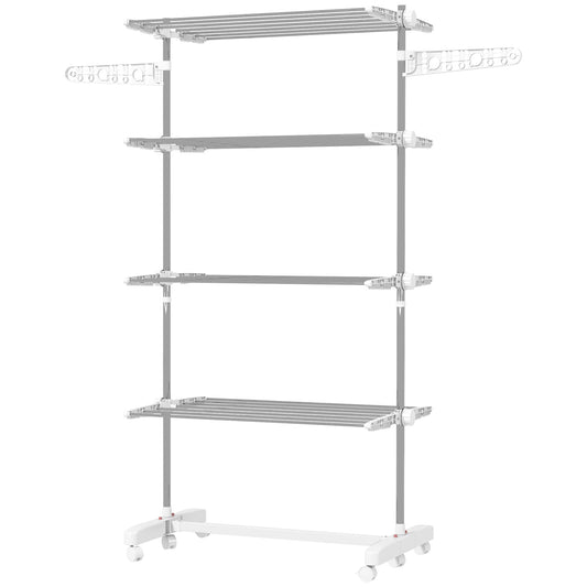 Four-Shelf Collapsing Clothes Horse, With Side Arms and Wheels - White