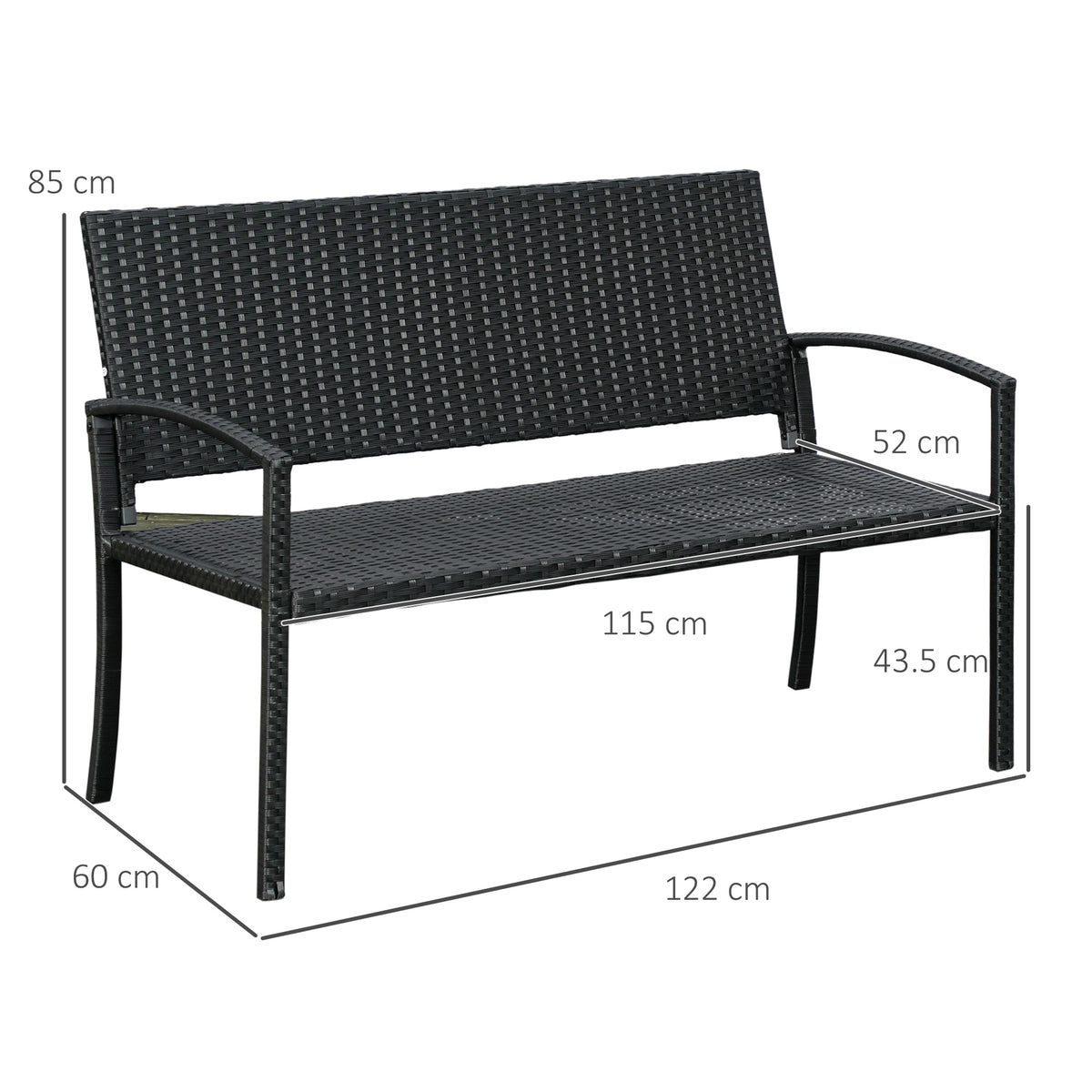 2 Seater Poly Rattan Garden Bench, All Weather Wicker Garden Loveseat, Outdoor Seating Bench with 240 Load Capacity, Backrest and Armrests for Patio, Terrace, Balcony