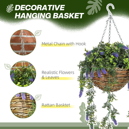 Set of 2 Decorative Artificial Plants, Faux Silk Lavender Flowers in Hanging Baskets, Fake Plants for Home Indoor Outdoor Decor, Purple