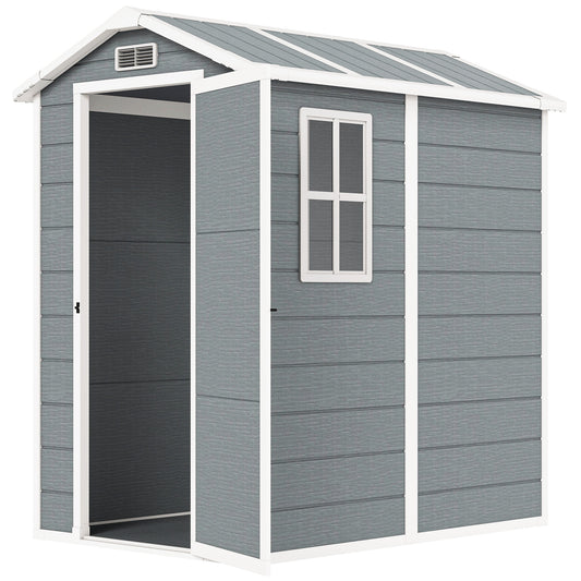 4 x 6ft Garden Shed, Plastic Shed with Floor, Window, Lockable Door and Vents, Resin Tool Shed for Outdoor Patio Storage, Zero Maintenance, Grey