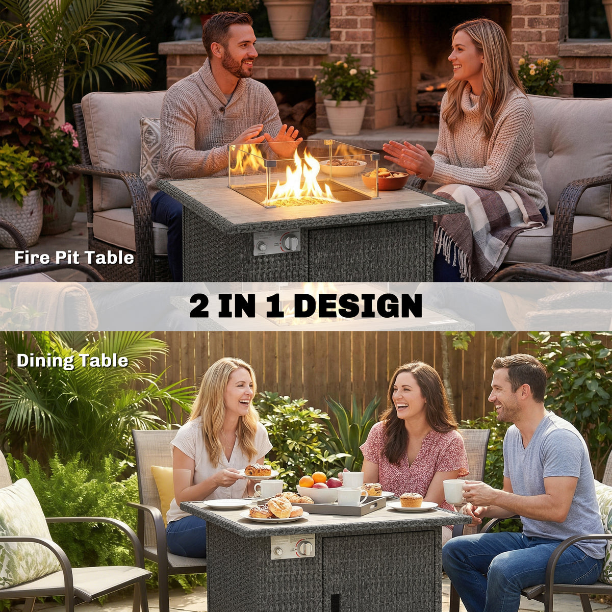 14.5 KW Rattan Gas Fire Pit Dining Table with Rain Cover, Wind Guard, Lid, Lava Rocks