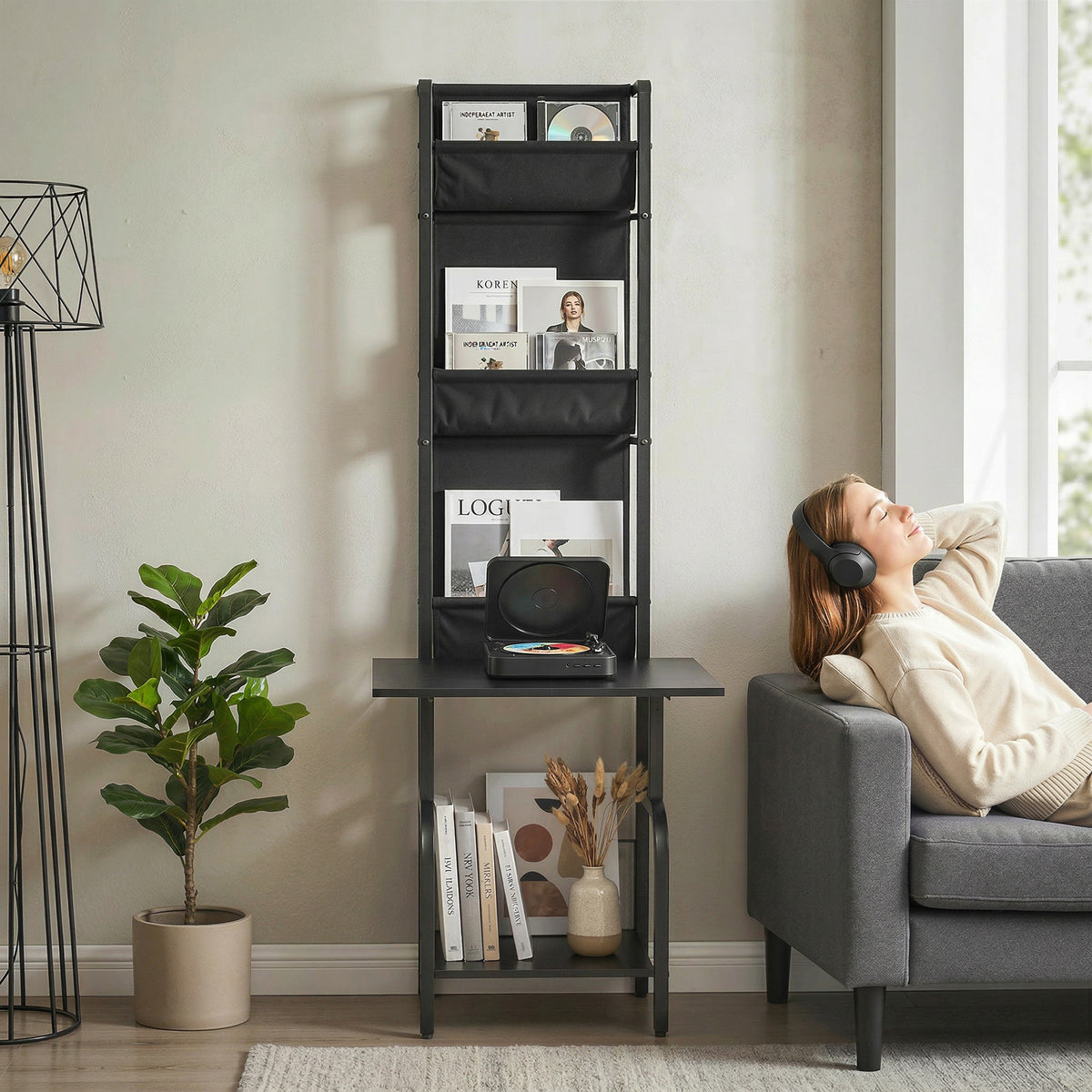Vinyl Record Player Stand Record Storage with Player Stand Oxford Fabric Pockets Bottom Shelf
