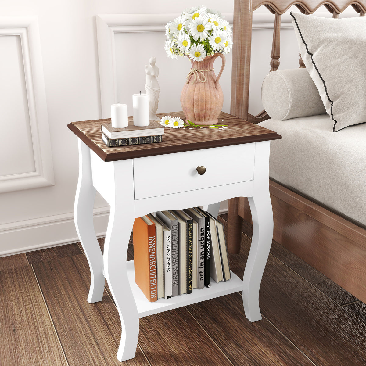 2pcs Bedside Tables with Drawer, French Style Bedside Cabinets with Open Shelf for Bedroom, Living Room, White