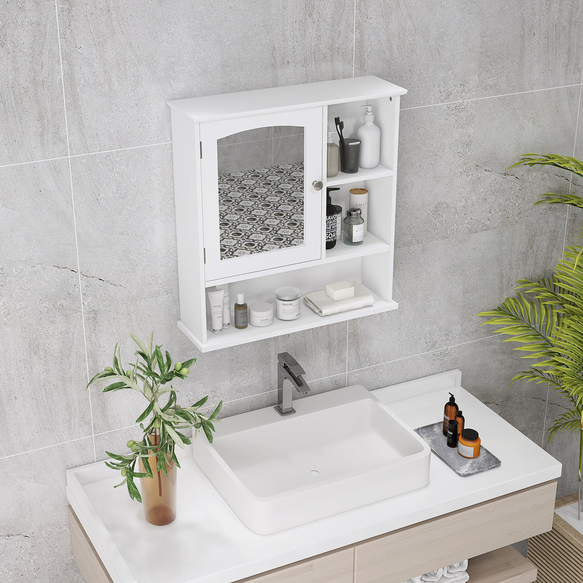 Bathroom Cabinet, Wall Mount Storage Organizer with Mirror, Adjustable Shelf for Bathroom, Kitchen, Bedroom, White