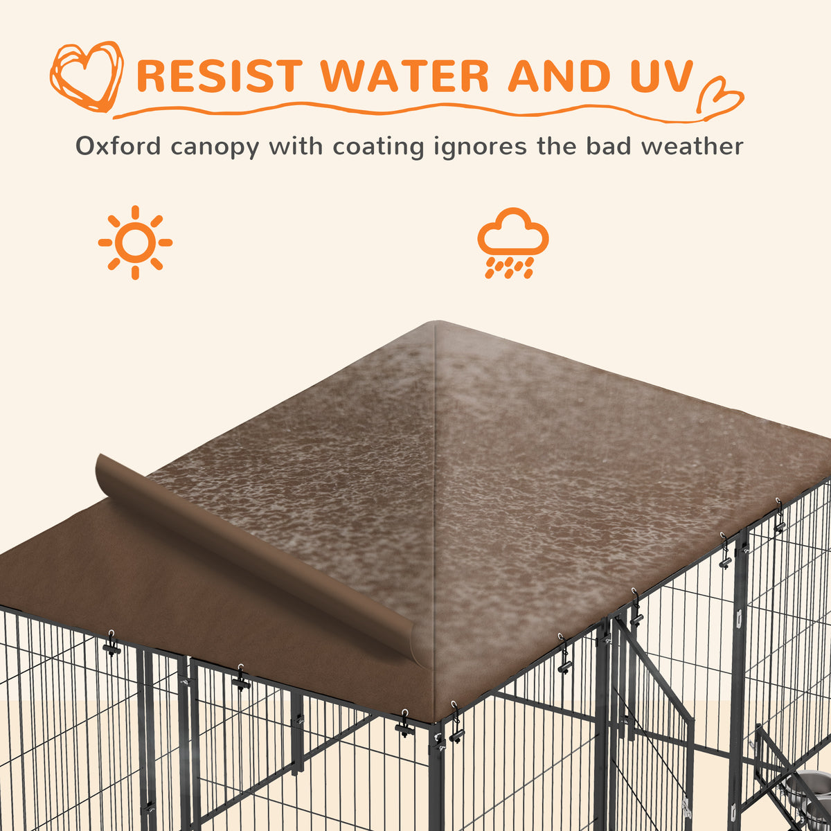 Large Dog Kennel Outdoor Dog Play Pen with Canopy Rotating Bowl for Large Dogs, Brown