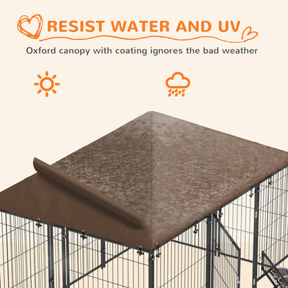 Large Dog Kennel Outdoor Dog Play Pen with Canopy Rotating Bowl for Large Dogs, Brown