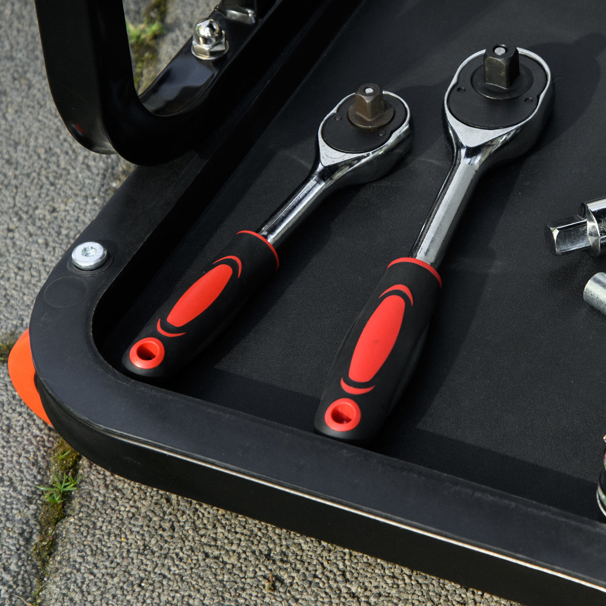 Workshop Stool, Rolling Machine Stool with 360° Swivel, Padded Seat, Tool Tray, Red
