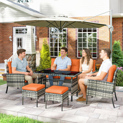 6 Pieces Rattan Garden Furniture Set with Dining Table and Cushions