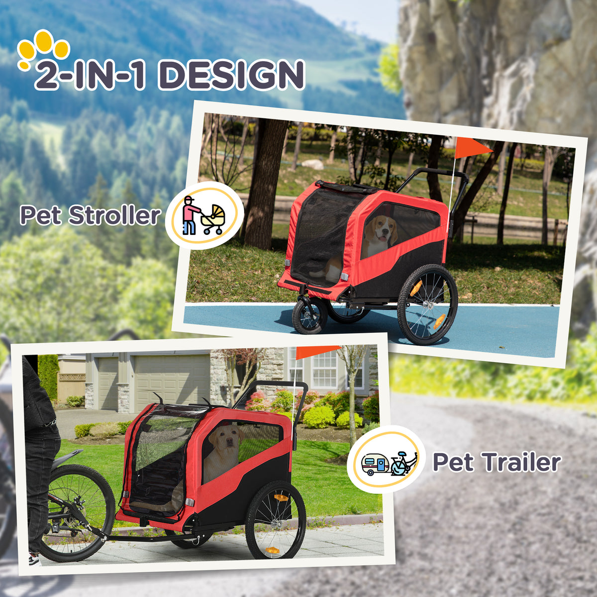 2 in 1 Dog Bike Trailer Pet Stroller for Large Dogs with Hitch, 20" Wheels, Pet Bicycle Cart Trolley Carrier for Travel, Red