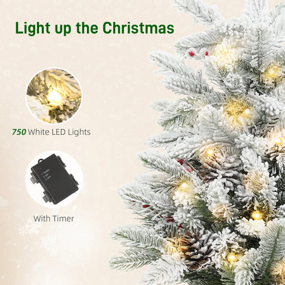 60 cm Prelit Small Christmas Tree with 35 LED Lights, Snow Flocked Tabletop Mini Xmas Tree with Pine Cones, Berry Clusters and Linen Cover Base, Battery Operated, Green