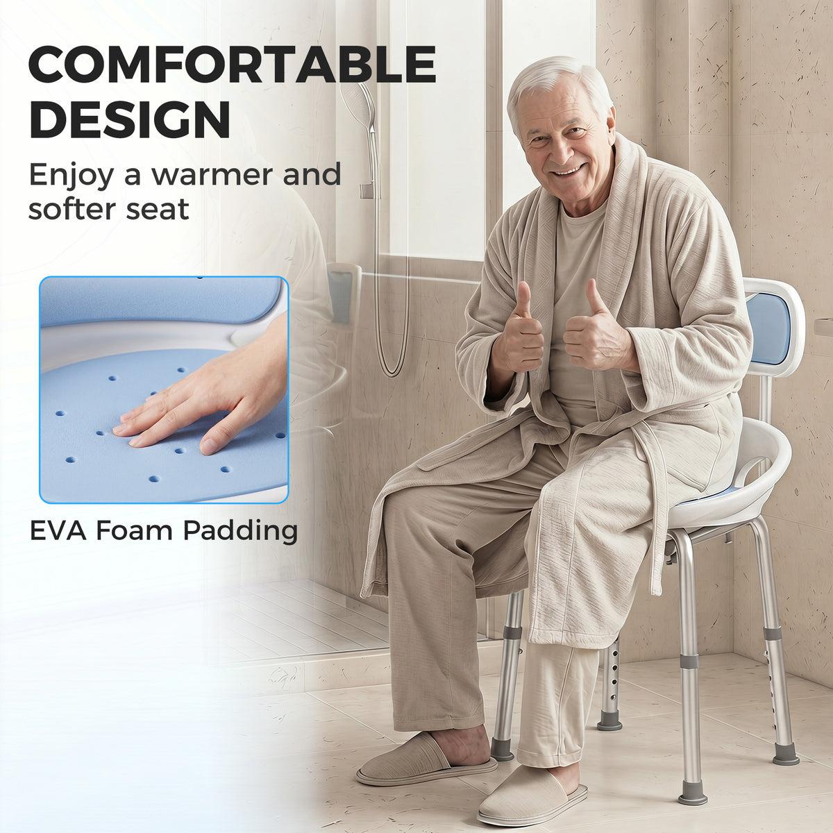 Shower Chair with Padded Seat Adjustable Height Shower Stool Bath Seat with Back and Anti-Slip Feet