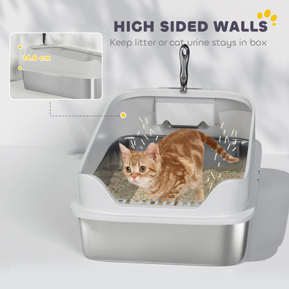 XL Stainless Steel Cat Litter Box with High Sides, Metal Scoop, 60 x 40 x 30 cm