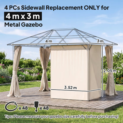 4 Pack Replacement Gazebo Curtains Privacy Panel for Most 3 x 4m Gazebo Canopy Pavillion Outdoor Shelter Sidewalls Accessories Beige