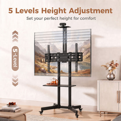 Mobile TV Stand on Wheels for 32-75 Inch Screens, Mobile TV Cart with Tilt, Height Adjustable, Black