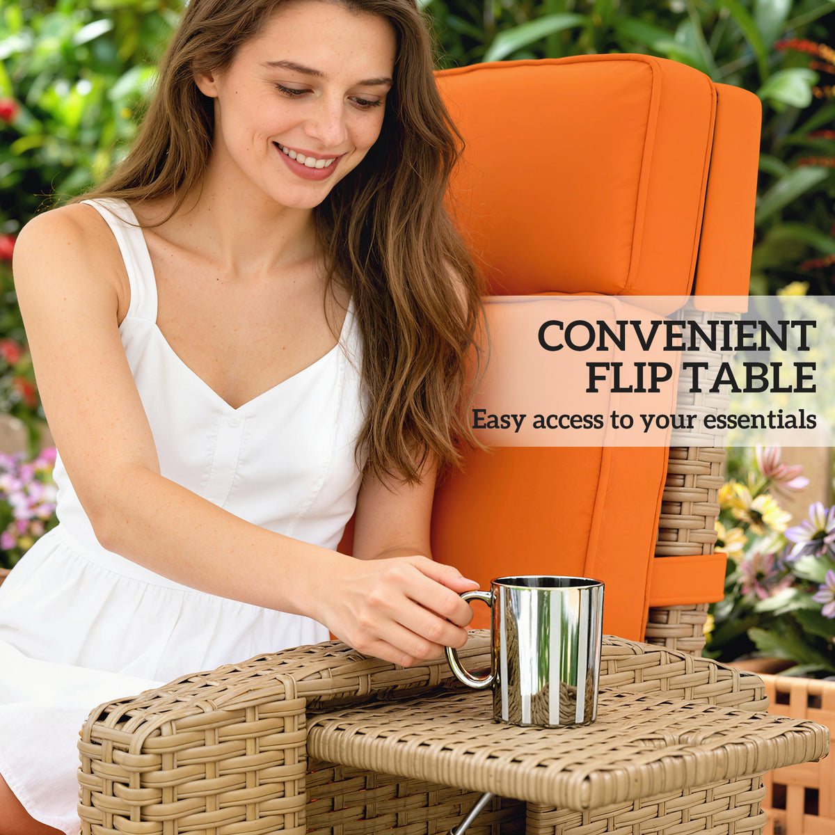 145° Reclining Rattan Armchair, with Footrest - Khaki/Orange
