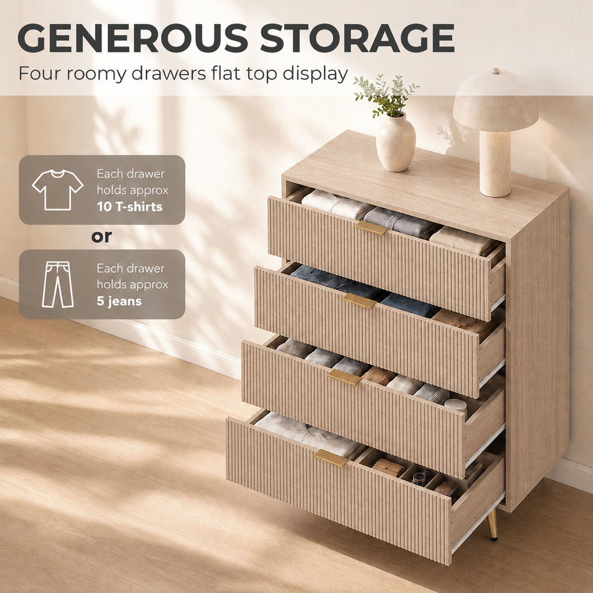 Bedroom Chest of Drawers with 4 Drawers, Fluted Dresser with Gold Tone Handles, Storage Cabinet, Natural