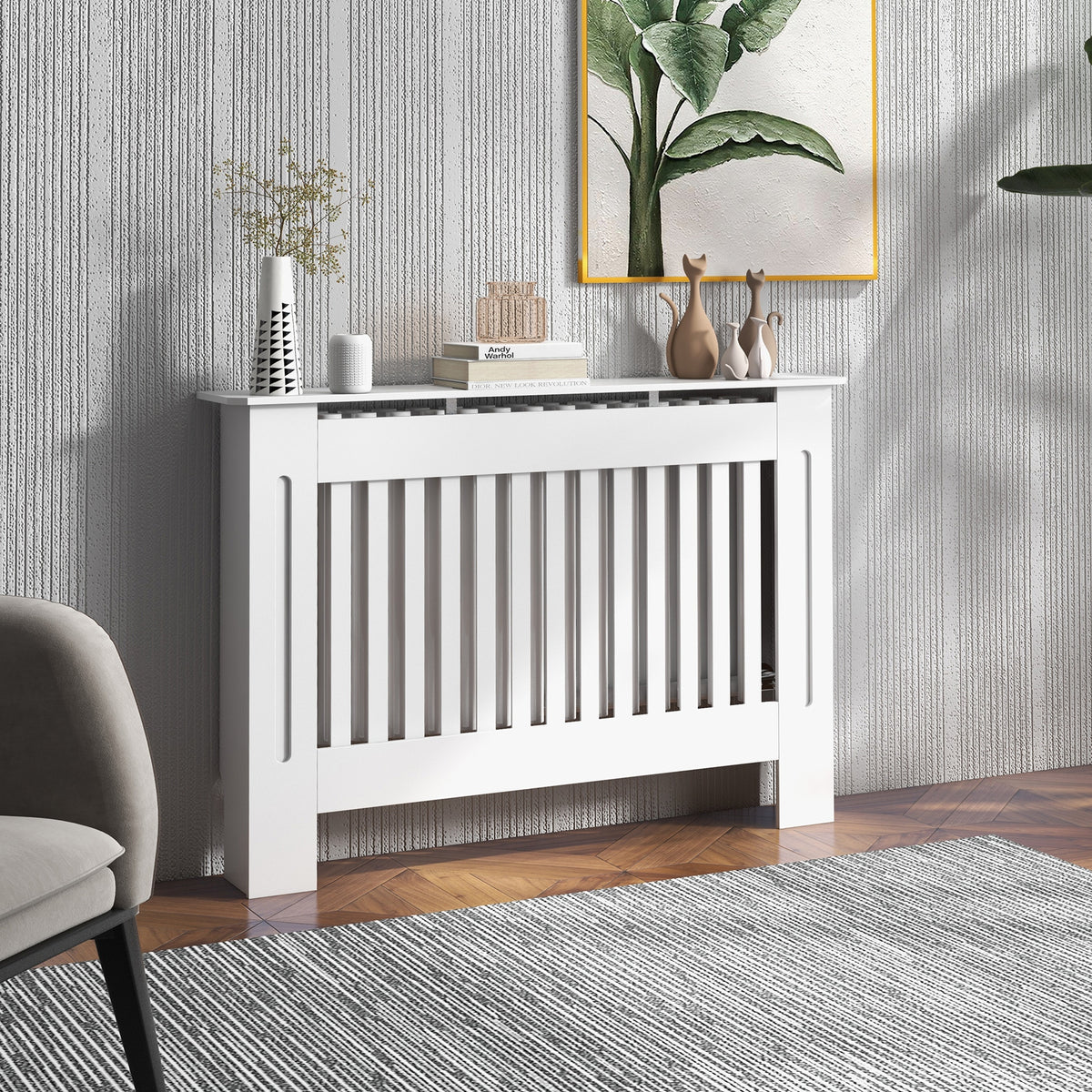 Slatted Radiator Cover Painted Cabinet MDF Lined Grill in White (112L x 19W x 81H cm)