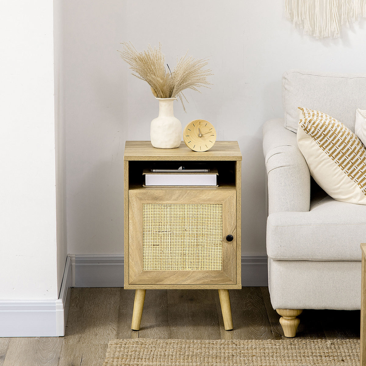 Bedside Table with Rattan Element, Side End Table with Shelf and Cupboard, 39cmx35cmx60cm, Natural