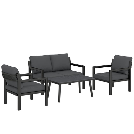 4 Seater Rattan Garden Furniture Set with 2 Armchairs, Loveseat, Coffee Table, Garden Sofa Set with Cushions, Dark Grey
