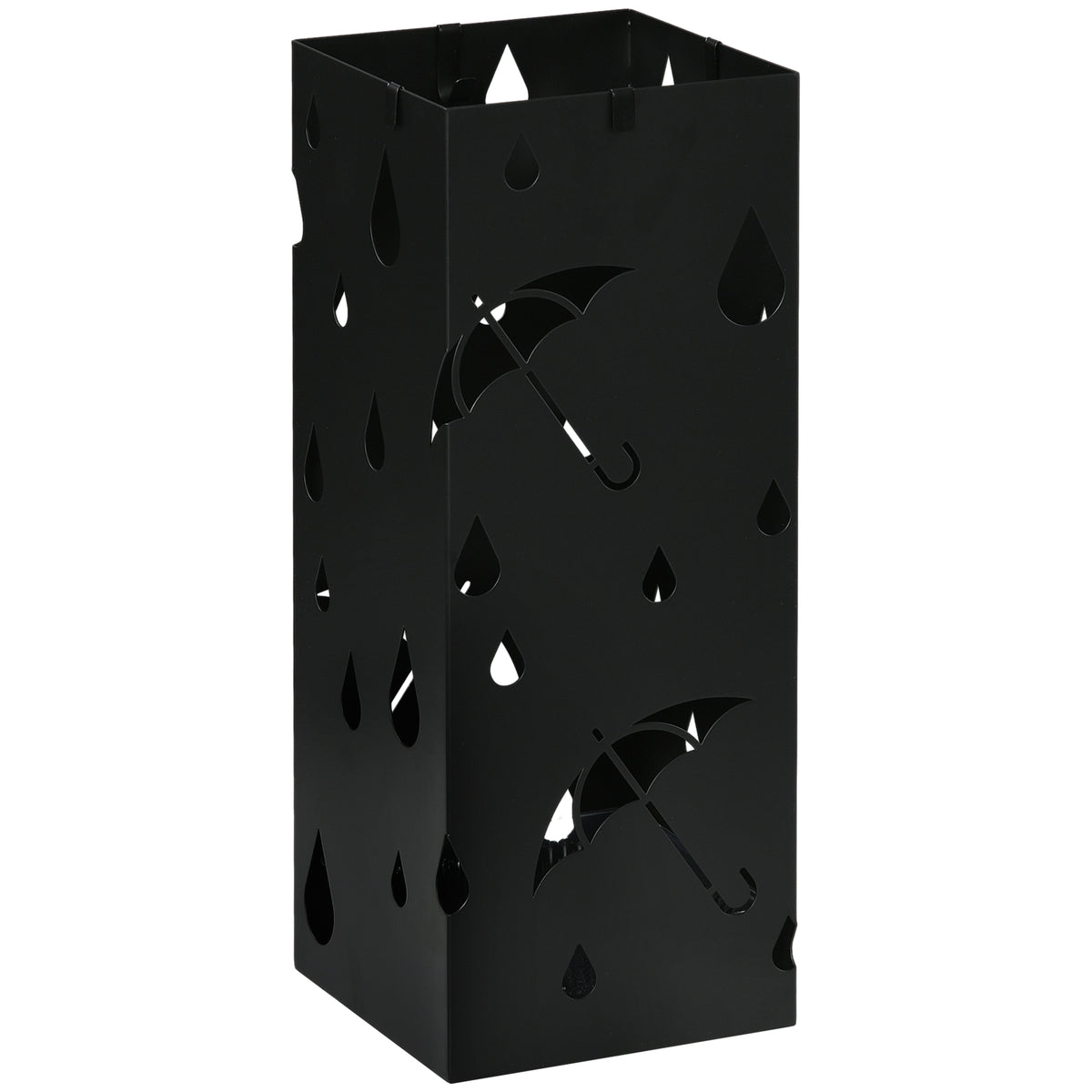 Steel Umbrella Stand, Square Umbrella Holder with 4 Hooks and Removable Drip Tray, Hollowed Umbrella Basket for Hallway