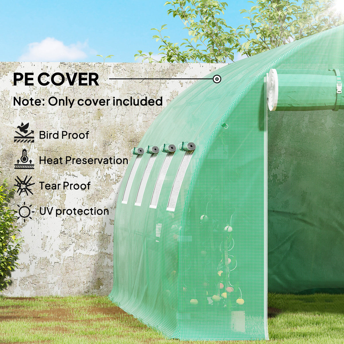 4 x 3 x 2m Polytunnel Greenhouse Replacement Cover ONLY Winter Garden Plant PE Cover for Tunnel Walk-in Greenhouse with Roll-up Windows Door Outdoor, Green