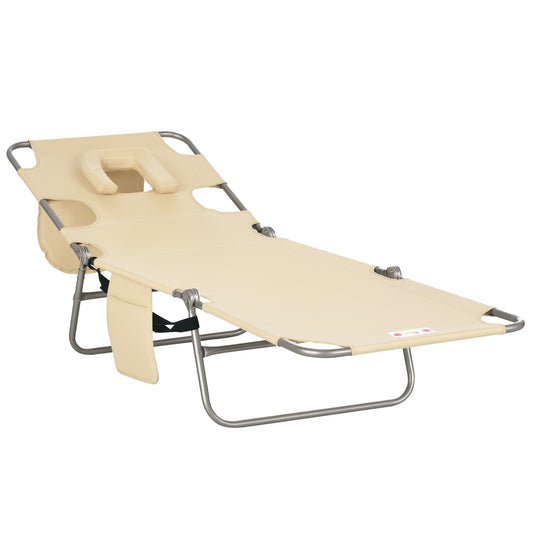 Foldable Sun Lounger, Beach Chaise Lounge with Reading Hole, Arm Slots, 5-Position Adjustable Backrest, Side Pocket, Pillow for Garden, Beach, Camping, Beige