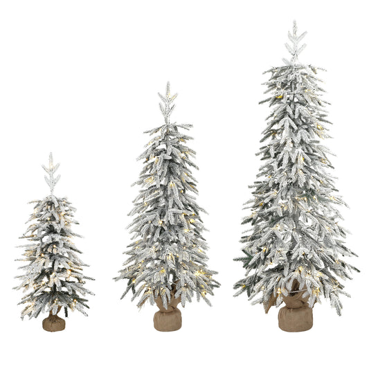 Prelit Flocked Artificial Christmas Tree Set of 3 Snowy Xmas Tree Warm White LED Lights (3FT+4FT+5FT)