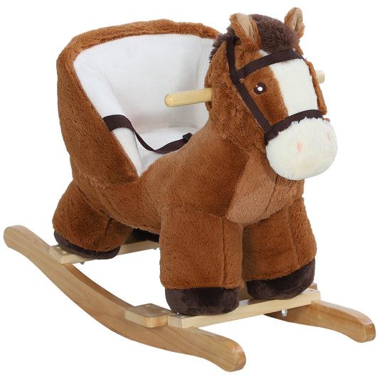 Kids Rocking Horse, Plush Ride on Horse, with Sound, Wood Base, for Ages 18-36 Months, Brown