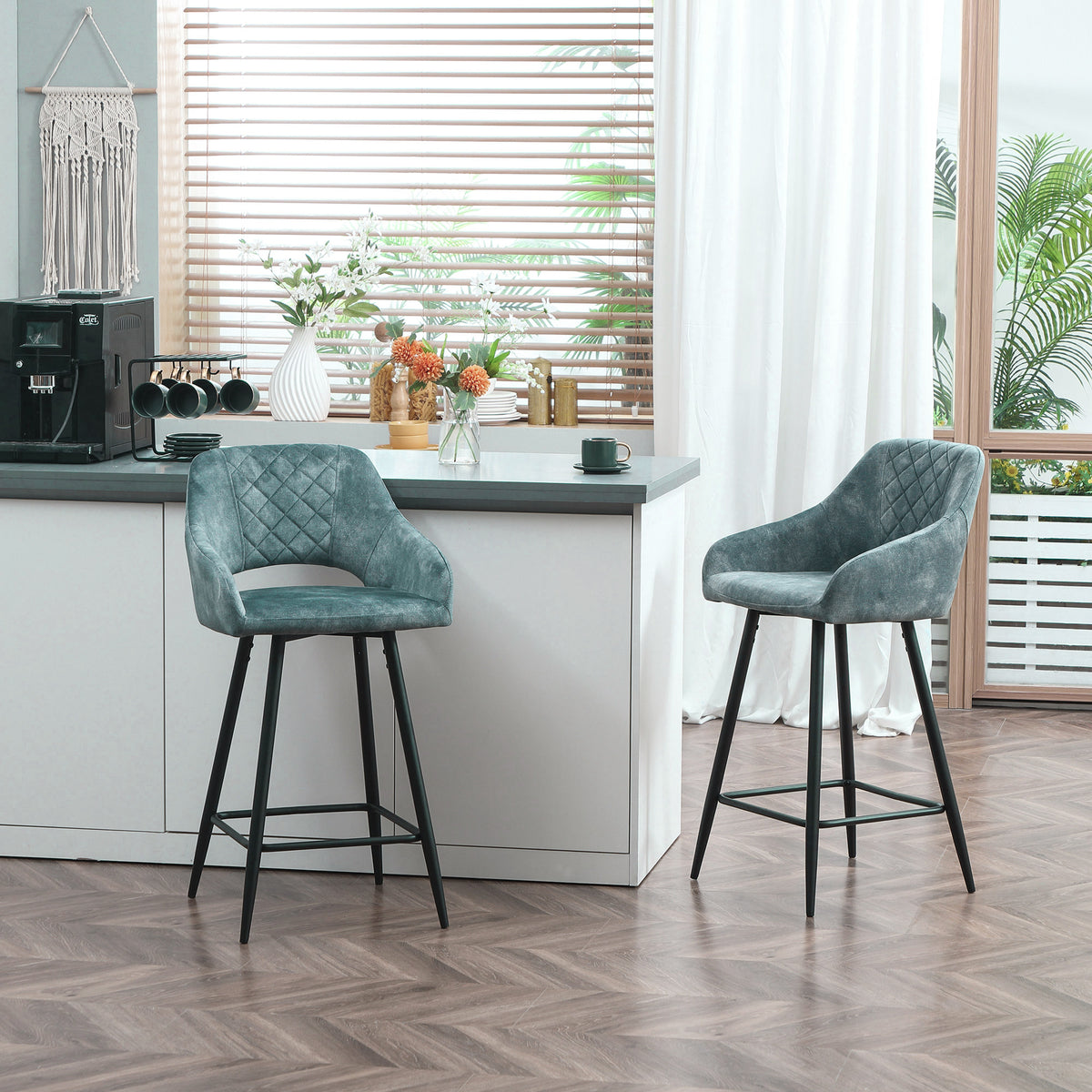Bar Stools Set of 2, Velvet-Touch Fabric Counter Height Bar Chairs, Kitchen Stools with Steel Legs for Dining Area, Kitchen Island Barstools