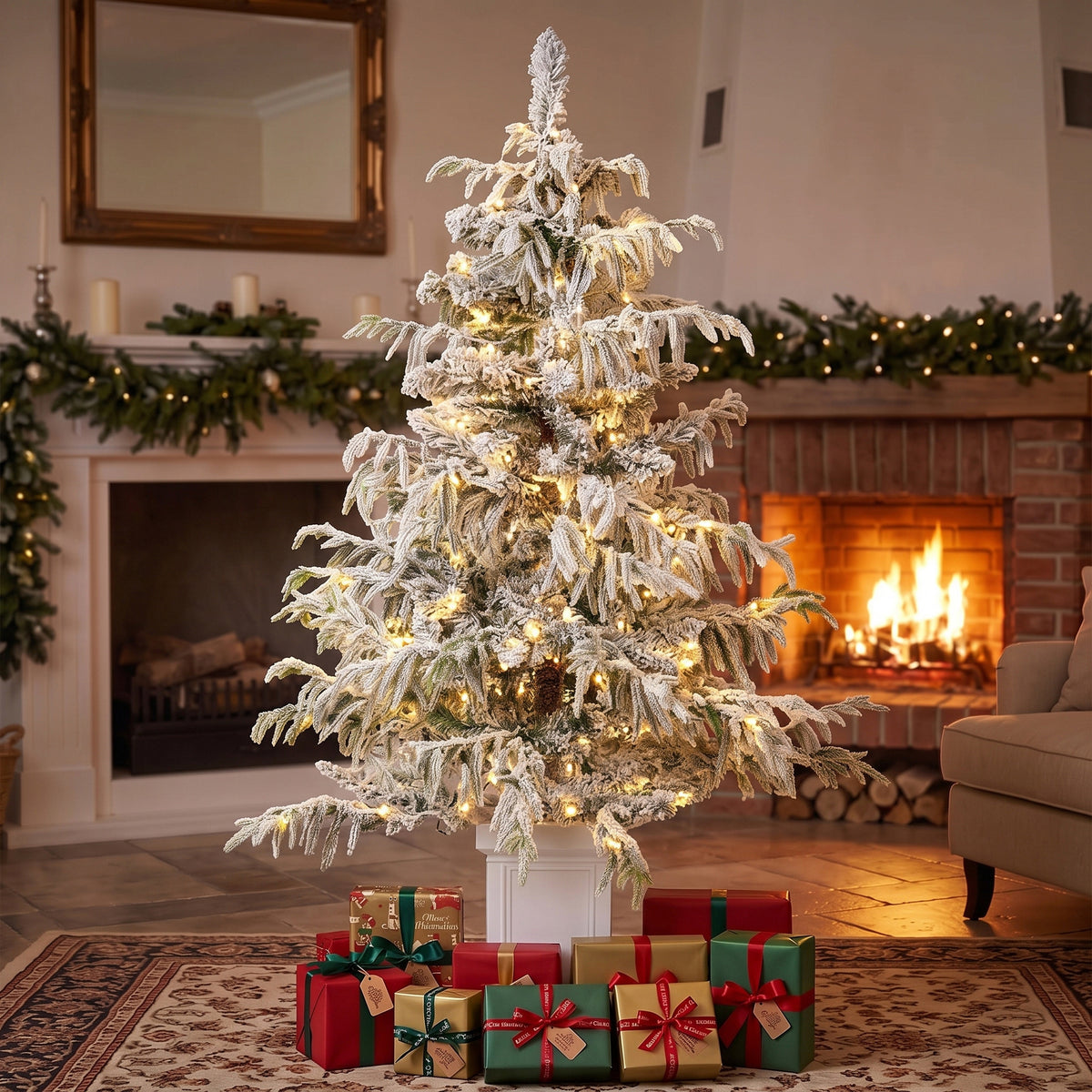 4ft Prelit Flocked Christmas Tree, Artificial Snow Flocked Spruce with 160 Warm White LED Lights, 8 Modes, Green