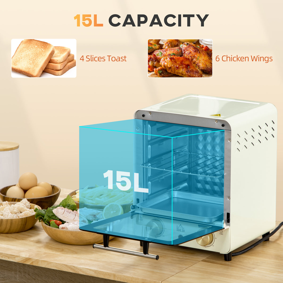 Mini Oven, 15 Litres Electric Oven and Grill with 60-230℃ Adjustable Temperature, 60 Minute Timer, Include Baking Tray, Wire Rack and Crumb Tray, 1000W, Cream White
