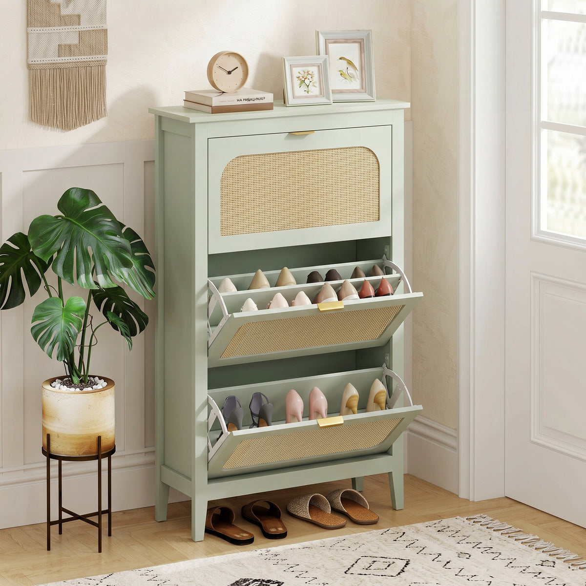 Narrow Shoe Cabinet, Boho Slim Shoe Storage Cabinet with 3 Flip Drawers, Holds 21 Pairs, Light Green