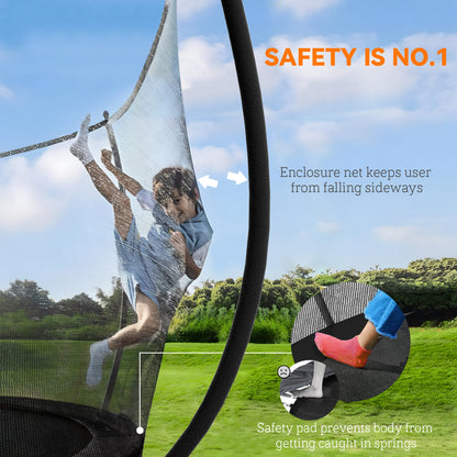 10ft Outdoor Trampoline with Enclosure Net, Spring Cover, Black