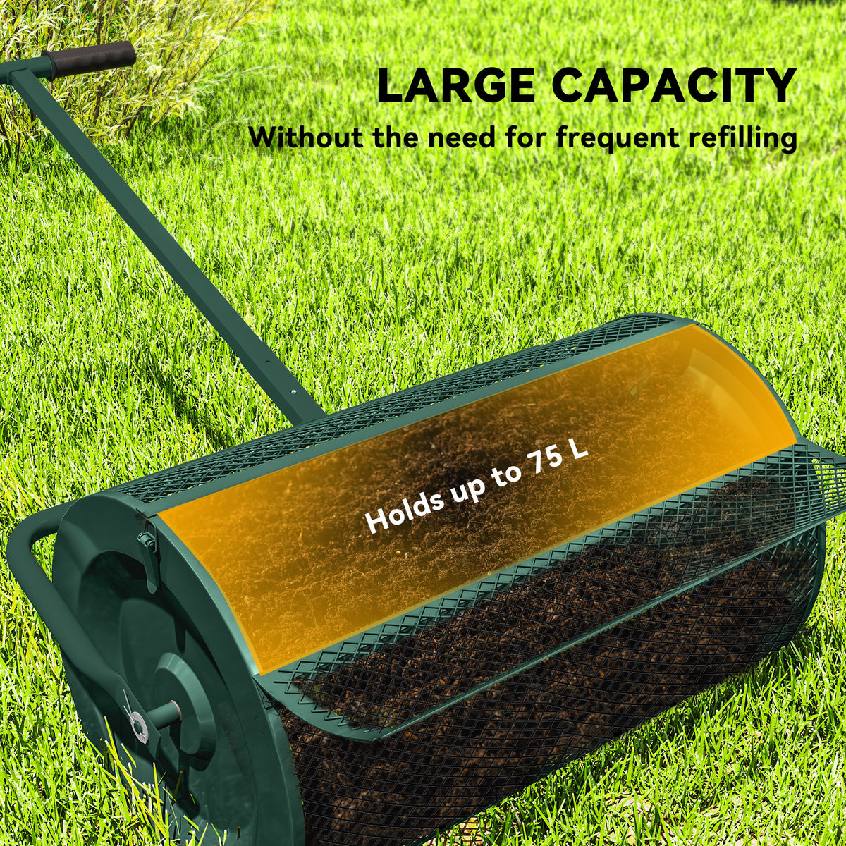 Compost Spreader, 24" Peat Moss Spreader with Height Adjustable T Shaped Handle and Metal Mesh Basket, Garden Spreader for Seeding, Spreading Manure