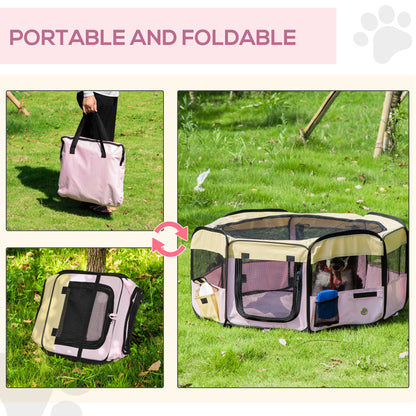 600D Oxford Soft Fabric Kennel, Pet Whelping Box Lightweight Dog Cat Puppy Playpen Rabbit Guinea Pig Foldable Portable Play Pen in Pink With Carry Bag Small Dia 90 x 41Hcm
