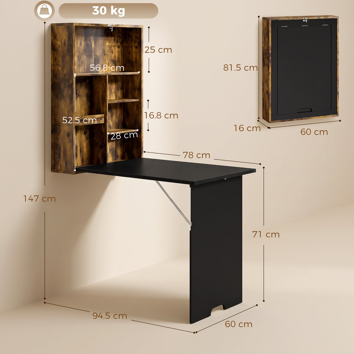 Folding Wall-Mounted Drop-Leaf Table, Convertible Wall Table With Chalkboard and Storage Shelf, Rustic Brown