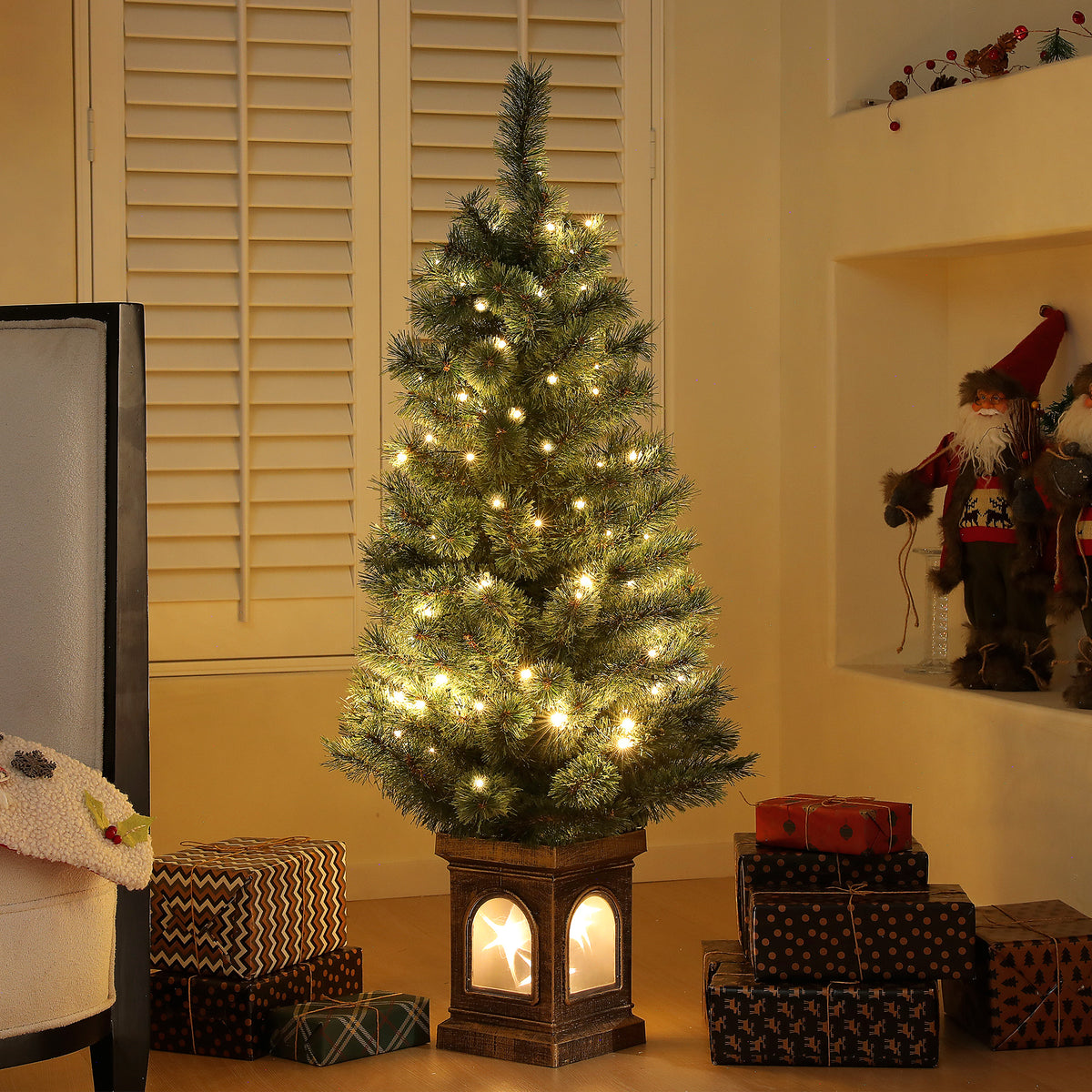 4ft Artificial Christmas Tree with 80 Warm White LED Lights, 8 Modes and Remote, Realistic Xmas Tree with Square Stand for Party Decoration, Green
