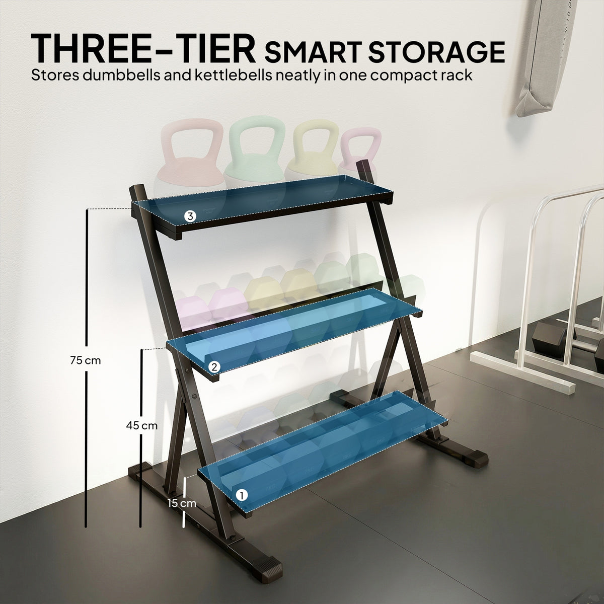 3-Tier Adjustable Dumbbell Rack, Heavy-Duty Weight Rack for Dumbbells, Kettlebells and Multiple Balls, Space-Saving Weight Storage Stand for Home Gym, 200 KG Capacity