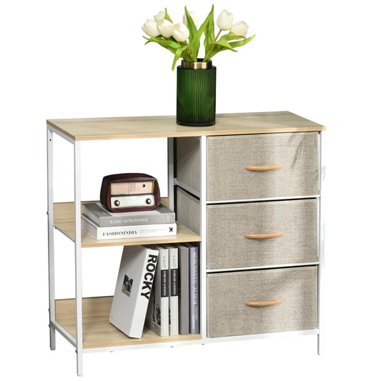 Chest of Drawers Storage Dresser Cabinet Organizer with 3 Fabric Drawers and 2 Display Shelves for Living Room, Bedroom, Hallway, Beige
