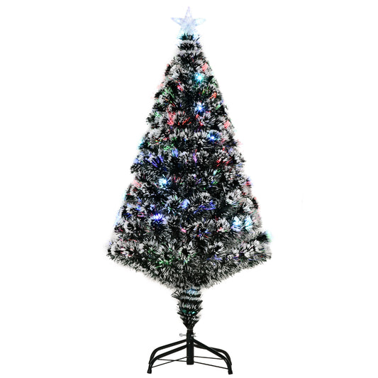 4ft Artificial Prelit Christmas Tree, Snow Xmas Tree with Colourful LED Lighting Fiber Optics, Green White