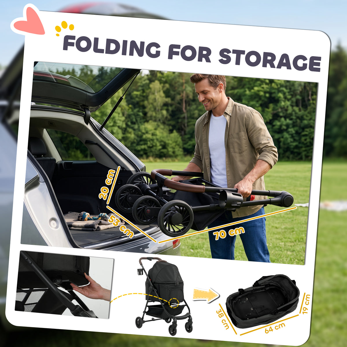 Dog Stroller, 3 in 1 Foldable Pet Stroller for Small Puppy Cat with Detachable Travel Carrier, Storage Basket
